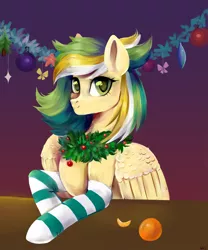 Size: 2501x3001 | Tagged: safe, artist:ske, derpibooru import, oc, unofficial characters only, pegasus, pony, bust, clothes, happy new year, holiday, image, new year, png, portrait, simple background, socks, solo, striped socks, tangerine