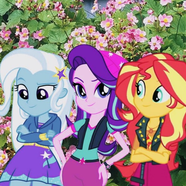 Size: 640x640 | Tagged: safe, artist:suntrixglim, derpibooru import, starlight glimmer, sunset shimmer, trixie, equestria girls, female, image, jpeg, lesbian, polyamory, shipping, startrixset