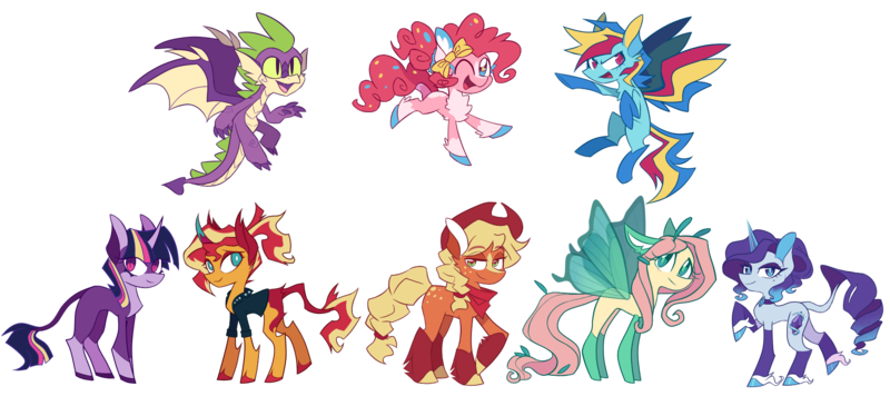 Size: 1800x800 | Tagged: safe, artist:s-grunge, derpibooru import, applejack, fluttershy, pinkie pie, rainbow dash, rarity, spike, sunset shimmer, twilight sparkle, dragon, earth pony, pegasus, pony, unicorn, alternate design, bow, butterfly wings, chest fluff, clothes, ear fluff, eyebrows, eyebrows visible through hair, eyes closed, female, flying, freckles, image, knee high socks, lidded eyes, looking at you, male, mane seven, mane six, one eye closed, png, redesign, simple background, socks, spread wings, transparent background, twitterina design, wings