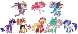 Size: 1800x800 | Tagged: safe, artist:s-grunge, derpibooru import, applejack, fluttershy, pinkie pie, rainbow dash, rarity, spike, sunset shimmer, twilight sparkle, dragon, earth pony, pegasus, pony, unicorn, alternate design, bow, butterfly wings, chest fluff, clothes, ear fluff, eyebrows, eyebrows visible through hair, eyes closed, female, flying, freckles, image, knee high socks, lidded eyes, looking at you, male, mane seven, mane six, one eye closed, png, redesign, simple background, socks, spread wings, transparent background, twitterina design, wings
