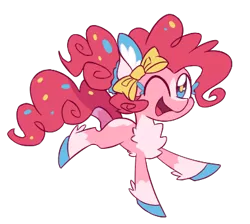 Size: 380x340 | Tagged: safe, artist:s-grunge, derpibooru import, part of a set, pinkie pie, earth pony, pony, bow, chest fluff, coat markings, female, image, mare, one eye closed, open mouth, open smile, png, redesign, simple background, smiling, socks (coat marking), solo, transparent background