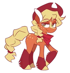 Size: 380x400 | Tagged: safe, artist:s-grunge, derpibooru import, part of a set, applejack, earth pony, pony, alternate design, applejack's hat, coat markings, cowboy hat, eyebrows, eyebrows visible through hair, female, freckles, hat, image, lidded eyes, png, redesign, smiling, smirk, socks (coat marking), solo