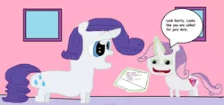 Size: 3372x1588 | Tagged: safe, artist:coltfan97, derpibooru import, rarity, sweetie belle, pony, unicorn, 1000 hours in ms paint, comic sans, image, jury duty, magic, magic aura, note, png, shocked, shocked expression, wingdings