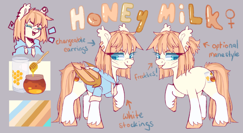 Size: 1600x880 | Tagged: safe, artist:cheekipone, derpibooru import, oc, oc:honey milk, unofficial characters only, bat pony, pony, bat pony oc, bat wings, blushing, clothes, cutie mark, eyes closed, food, freckles, honey, hoodie, image, lidded eyes, png, raspberry, reference sheet, smiling, tongue out, wings