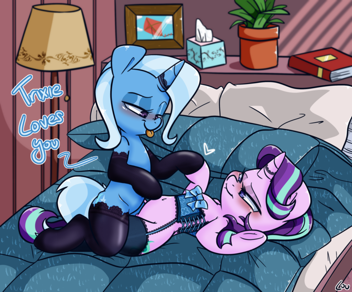 Size: 1616x1340 | Tagged: suggestive, artist:lou, derpibooru import, starlight glimmer, trixie, pony, unicorn, bed, bedroom, blushing, clothes, dialogue, female, image, lesbian, lidded eyes, lingerie, png, shipping, smiling, socks, startrix, stockings, thigh highs, third person, tongue out, underhoof