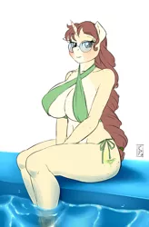 Size: 2527x3850 | Tagged: suggestive, artist:pia-sama, derpibooru import, oc, oc:céline actias, unofficial characters only, anthro, unguligrade anthro, unicorn, anthro oc, big breasts, bikini, blushing, breasts, clothes, colored, commission, female, flat colors, freckles, glasses, horn, huge breasts, image, looking at something, png, shoulder freckles, simple background, sitting, solo, solo female, swimming pool, swimsuit, unicorn oc, white background