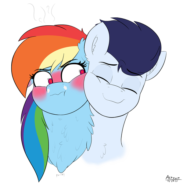 Size: 2000x2000 | Tagged: safe, artist:astrum, derpibooru import, rainbow dash, soarin', pegasus, pony, affection, annoyed, blushing, blushing profusely, bust, cheek squish, chest fluff, cuddling, digital art, ear blush, embarrassed, eyes closed, female, floppy ears, fluffy, glare, huff, image, jpeg, looking sideways, male, nuzzling, shipping, simple background, smiling, soarindash, squishy cheeks, straight, tsunderainbow, tsundere, wingding eyes