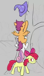 Size: 1076x1856 | Tagged: safe, artist:barhandar, apple bloom, scootaloo, sweetie belle, pony, apple bloom's bow, bow, clothes, colored sketch, cutie mark crusaders, female, filly, foal, gray background, hair bow, hat, image, partial color, png, reaching, simple background, spread wings, standing on back, tree, trixie's hat, wings