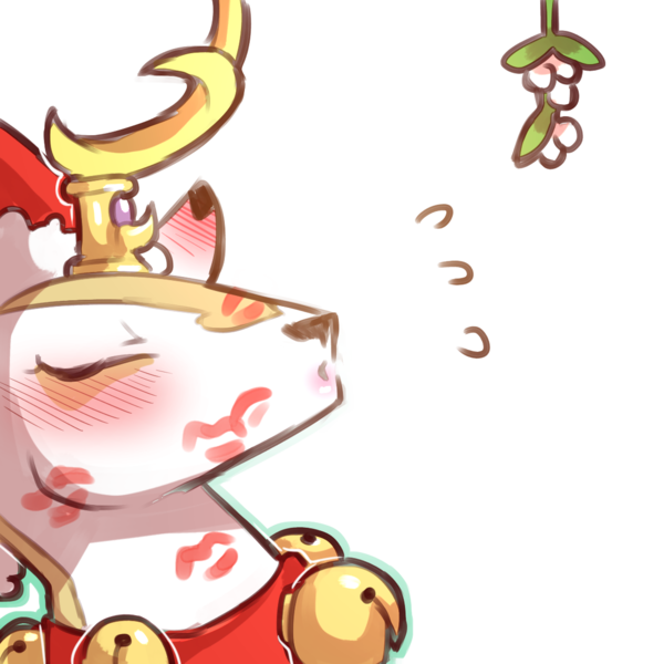 Size: 1159x1159 | Tagged: safe, artist:cold-blooded-twilight, derpibooru import, king aspen, deer, bells, blushing, christmas, ear blush, eyes closed, hat, holiday, image, kiss mark, kissy face, lipstick, png, santa hat, simple background, sweat, transparent background