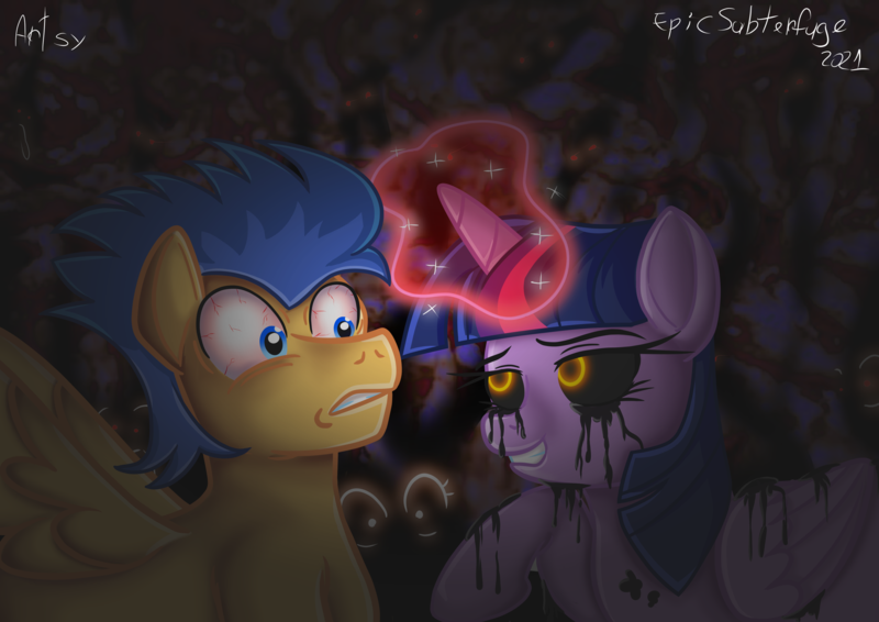 Size: 4093x2894 | Tagged: grimdark, questionable, artist:epicsubterfuge, derpibooru import, flash sentry, twilight sparkle, twilight sparkle (alicorn), alicorn, pegasus, pony, black eye, creepy, creepy smile, duo, glow, glowing eyes, glowing horn, horn, image, png, scared, smiling, spread wings, wings