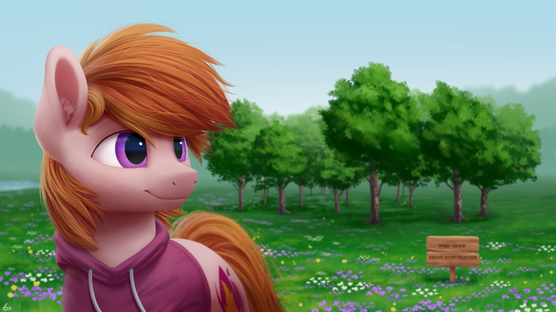 Size: 5760x3240 | Tagged: safe, artist:luminousdazzle, derpibooru import, oc, oc:stuben, earth pony, pony, pony town, clothes, detailed, detailed background, digital art, grass, grass field, hoodie, image, male, png, purple eyes, semi-realistic, sign, smiling, stallion, tree