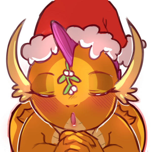 Size: 1159x1159 | Tagged: safe, artist:cold-blooded-twilight, derpibooru import, smolder, blushing, christmas, clasped hands, eyes closed, female, folded wings, hat, holiday, image, kissy face, looking at you, mistletoe, png, santa hat, simple background, solo, solo female, transparent background, wide hips, wings