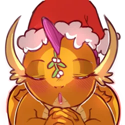 Size: 1159x1159 | Tagged: safe, artist:cold-blooded-twilight, derpibooru import, smolder, blushing, christmas, clasped hands, eyes closed, female, folded wings, hat, holiday, image, kissy face, looking at you, mistletoe, png, santa hat, simple background, solo, solo female, transparent background, wide hips, wings