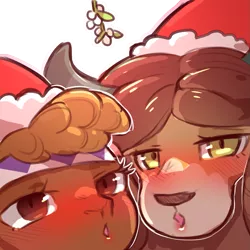 Size: 1159x1159 | Tagged: safe, artist:cold-blooded-twilight, derpibooru import, little strongheart, yona, bison, yak, blushing, christmas, close-up, hat, holiday, image, kissy face, looking at you, mistletoe, png, santa hat, simple background, transparent background