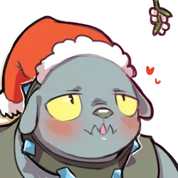 Size: 1159x1159 | Tagged: safe, artist:cold-blooded-twilight, derpibooru import, fido, diamond dog, blushing, christmas, collar, hat, heart, holiday, image, kissy face, lidded eyes, mistletoe, png, santa hat, simple background, transparent background