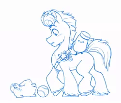 Size: 928x788 | Tagged: safe, artist:bcpony, derpibooru import, hitch trailblazer, bird, dog, earth pony, pomeranian, pony, my little pony: a new generation, spoiler:g5, animal, ball, flying pomeranian, g5, image, jpeg, male, monochrome, simple background, solo, stallion, tennis ball, white background, winged dog