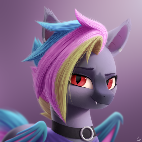 Size: 2000x2000 | Tagged: safe, artist:luminousdazzle, derpibooru import, oc, oc:black opal, unofficial characters only, bat pony, pony, bat pony oc, bat wings, bust, choker, detailed, digital art, ear piercing, facial markings, fangs, female, fur, image, looking at you, mare, piercing, png, red eyes, simple background, slit pupils, smiling, smirk, wings