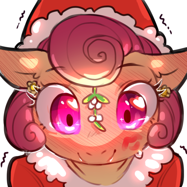 Size: 1159x1159 | Tagged: safe, artist:cold-blooded-twilight, derpibooru import, posey shy, blushing, christmas, clothes, costume, ear piercing, earring, floppy ears, glow, glowing eyes, hat, heart, holiday, image, jewelry, kiss mark, kiss on the cheek, kissing, lipstick, looking at you, mistletoe, piercing, png, santa costume, santa hat, shivering, shy, simple background, transparent background