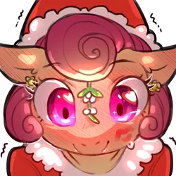 Size: 1159x1159 | Tagged: safe, artist:cold-blooded-twilight, derpibooru import, posey shy, blushing, christmas, clothes, costume, ear piercing, earring, floppy ears, glow, glowing eyes, hat, heart, holiday, image, jewelry, kissing, kiss mark, kiss on the cheek, lipstick, looking at you, mistletoe, piercing, png, santa costume, santa hat, shivering, shy, simple background, transparent background
