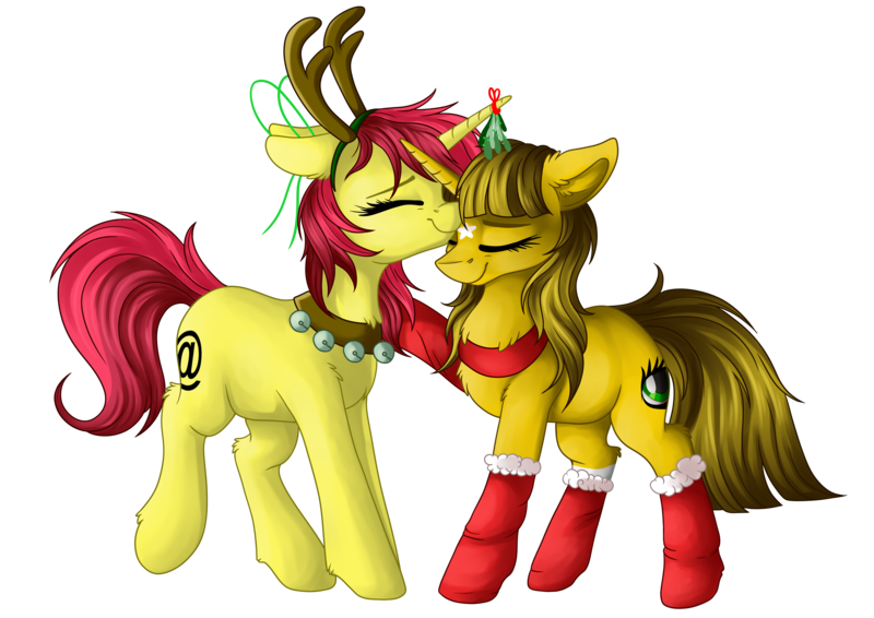 Size: 4093x2894 | Tagged: safe, artist:julunis14, derpibooru import, oc, oc:ayza, oc:baatochan, derpibooru community collaboration, 2022 community collab, animal costume, antlers, christmas, christmas stocking, clothes, coat markings, costume, cute, facial markings, female, forehead kiss, holiday, image, kissing, lesbian, mistletoe, png, reindeer antlers, reindeer costume, shipping, socks (coat marking), star (coat marking)