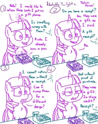 Size: 4779x6013 | Tagged: safe, artist:adorkabletwilightandfriends, derpibooru import, twilight sparkle, twilight sparkle (alicorn), alicorn, comic:adorkable twilight and friends, adorkable, adorkable twilight, box, cash register, christmas, clothes, comic, conversation, cute, dork, happy, hearth's warming, holiday, humor, image, magic, png, present, slice of life, socks, store, unhappy