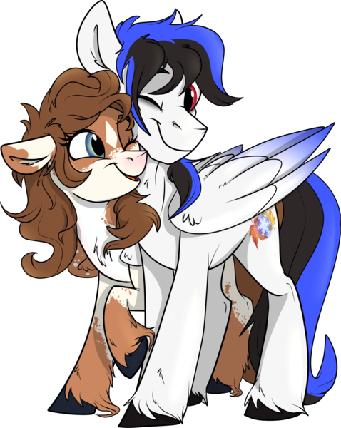 Size: 1631x2046 | Tagged: safe, artist:rutkotka, derpibooru import, oc, oc:mabel, oc:snowstorm, derpibooru community collaboration, 2022 community collab, couple, cuddling, cute, image, oc x oc, png, shipping