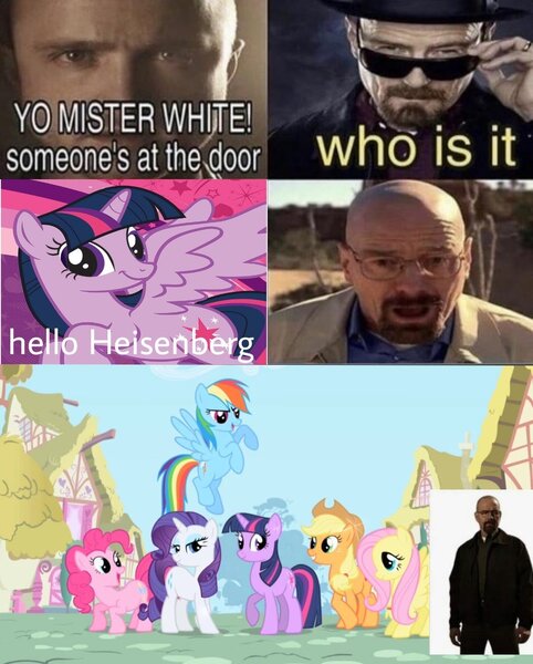 Size: 1080x1344 | Tagged: safe, derpibooru import, applejack, fluttershy, pinkie pie, rainbow dash, rarity, twilight sparkle, earth pony, pegasus, unicorn, breaking bad, g4, heisenberg, image, jesse pinkman, jpeg, meme, walter white