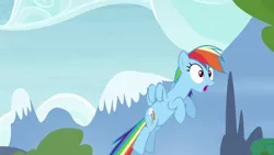 Size: 1280x720 | Tagged: safe, derpibooru import, screencap, rainbow dash, pegasus, pony, season 4, testing testing 1-2-3, d:, female, flying, image, mare, mountain, open mouth, outdoors, png, solo, wings