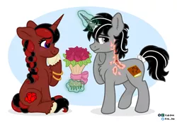 Size: 1460x1009 | Tagged: safe, artist:pink-pone, derpibooru import, oc, unofficial characters only, pony, unicorn, bouquet, female, flower, image, magic, male, mare, png, scar, stallion