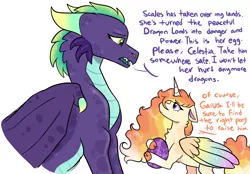 Size: 2652x1847 | Tagged: safe, artist:moccabliss, derpibooru import, gaius (dragon), princess celestia, pony, alternate design, egg, headcanon, image, png, simple background, spike's egg, white background