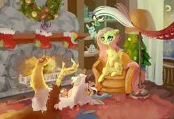 Size: 1280x873 | Tagged: safe, artist:colorbrush, derpibooru import, discord, fluttershy, draconequus, pegasus, pony, blushing, chair, chest fluff, christmas, christmas decoration, christmas tree, christmas wreath, discoshy, duo, ear fluff, female, fireplace, fluffy, folded wings, heart, holiday, holly, holly mistaken for mistletoe, image, indoors, lamp, looking at someone, looking at something, looking up, lying down, male, mare, on back, png, prehensile tail, raised hoof, shelf, shipping, sitting, smiling, straight, tail, tail hold, tree, wings, wreath