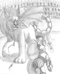 Size: 2527x3136 | Tagged: safe, artist:nightshadow154, derpibooru import, manticore, pony, armor, image, jpeg, magic, sword, telekinesis, traditional art, weapon