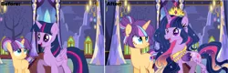 Size: 4448x1416 | Tagged: safe, artist:gihhbloonde, derpibooru import, twilight sparkle, twilight sparkle (alicorn), oc, alicorn, the last problem, base used, clothes, crown, ethereal mane, eyelashes, female, image, indoors, jewelry, offspring, older, older twilight, parent:flash sentry, parents:flashlight, parent:twilight sparkle, png, princess twilight 2.0, regalia, smiling, starry mane