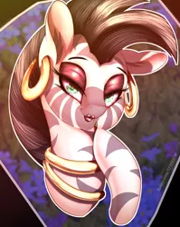 Size: 1002x1260 | Tagged: safe, artist:to_fat_to_fly, zecora, zebra, bust, ear fluff, ear piercing, earring, eyeshadow, female, hoof hold, image, jewelry, jpeg, lidded eyes, lipstick, looking at you, makeup, mare, neck rings, piercing, solo