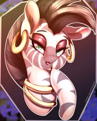 Size: 1002x1260 | Tagged: safe, alternate version, artist:to_fat_to_fly, zecora, zebra, bust, ear fluff, ear piercing, earring, eyeshadow, female, hoof hold, image, jewelry, jpeg, lidded eyes, lipstick, looking at you, makeup, mare, neck rings, piercing, solo