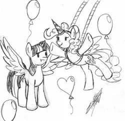 Size: 1423x1371 | Tagged: safe, artist:nightshadow154, derpibooru import, pinkie pie, twilight sparkle, pony, balloon, image, jpeg, traditional art