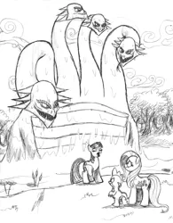 Size: 2535x3242 | Tagged: safe, artist:nightshadow154, derpibooru import, fluttershy, spike, twilight sparkle, hydra, pony, feeling pinkie keen, image, jpeg, multiple heads, swamp, traditional art