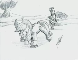 Size: 3289x2545 | Tagged: safe, artist:nightshadow154, derpibooru import, applejack, pinkie pie, earth pony, pony, ice skating, image, jpeg, traditional art