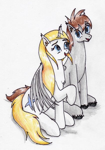 Size: 2336x3324 | Tagged: safe, artist:40kponyguy, derpibooru import, oc, oc:jezza, oc:tecuro, pegasus, pony, unicorn, derpibooru community collaboration, 2022 community collab, chest fluff, couple, cute, derpibooru exclusive, ear fluff, female, hug, image, jpeg, looking at each other, male, mare, raised hoof, simple background, stallion, traditional art, unshorn fetlocks, winghug, wings