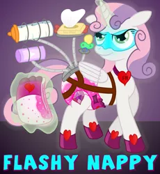Size: 3124x3400 | Tagged: suggestive, artist:sweetielover, derpibooru import, sweetie belle, alicorn, pony, alicornified, baby bottle, baby powder, diaper, diaper fetish, female, fetish, harness, high res, image, jewelry, magic, magic aura, mask, necklace, pacifier, png, poofy diaper, race swap, shiny, solo, superhero, sweetiecorn, tack, wipes