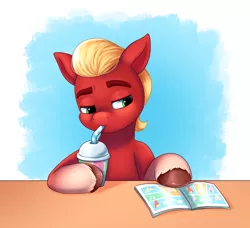 Size: 3000x2738 | Tagged: safe, artist:malarkey, derpibooru import, sprout cloverleaf, earth pony, pony, comic book, cup, drinking, drinking straw, g5, high res, image, lidded eyes, male, png, smoothie, solo, stallion, table