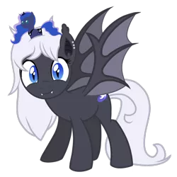 Size: 1200x1200 | Tagged: safe, artist:toyminator900, derpibooru import, princess luna, oc, oc:stargazer, bat pony, pony, derpibooru community collaboration, 2022 community collab, bat pony oc, bat wings, cute, cute little fangs, ear piercing, earring, fangs, female, image, jewelry, looking at you, mare, piercing, plushie, png, pointy ponies, simple background, slit pupils, smiling, smiling at you, solo, spread wings, standing, transparent background, wings