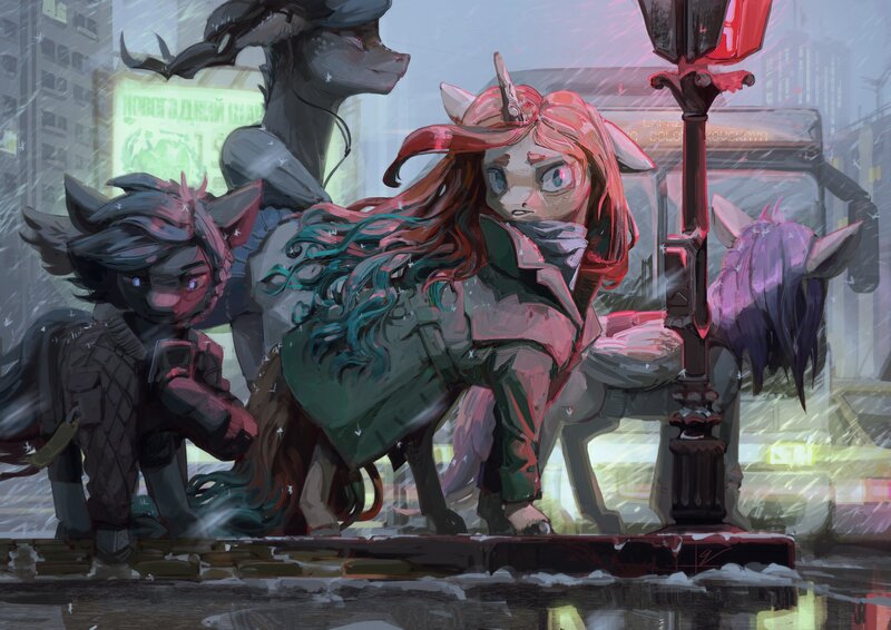 Size: 4096x2896 | Tagged: safe, artist:quiet-victories, derpibooru import, earth pony, pegasus, pony, unicorn, braid, building, bus, car, city, clothes, coat, earbuds, high res, horn, horns, image, jacket, jpeg, lamppost, mobile phone, neon, neon sign, phone, rain, sign, sleet, smartphone, street, traffic light, wind, wings