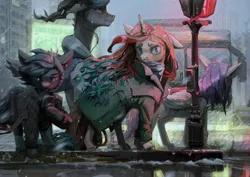 Size: 4096x2896 | Tagged: safe, artist:quiet-victories, derpibooru import, earth pony, pegasus, pony, unicorn, braid, building, bus, car, city, clothes, coat, earbuds, high res, horn, horns, image, jacket, jpeg, lamppost, mobile phone, neon, neon sign, phone, rain, sign, smartphone, street, traffic light, wind, wings