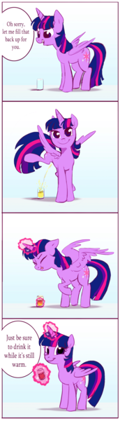 Size: 1074x3745 | Tagged: suggestive, artist:imalou, edit, editor:anonymous, twilight sparkle, twilight sparkle (alicorn), alicorn, pony, 4chan, chocolate, chocolate milk, colored, comic, cup, drawthread, faic, female, food, glass, image, looking at you, magic, mare, meme, milk, pissing, png, pure unfiltered evil, simple background, smiling, smirk, solo, telekinesis, twiface, urine