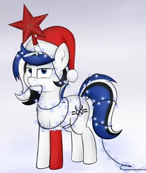 Size: 2964x3510 | Tagged: safe, artist:schwarzesskreuz, derpibooru import, oc, oc:jett, unofficial characters only, pony, unicorn, blue eyes, chest fluff, christmas, christmas lights, clothes, ear fluff, eyebrows, eyebrows visible through hair, fluffy, frown, gradient background, hat, high res, holiday, horn, image, lidded eyes, looking at you, male, mouth hold, png, raised tail, santa hat, socks, solo, stallion, tail, teeth, unicorn oc