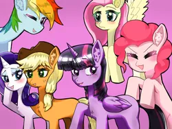 Size: 1600x1200 | Tagged: artist needed, source needed, safe, derpibooru import, applejack, fluttershy, pinkie pie, rainbow dash, rarity, twilight sparkle, twilight sparkle (alicorn), alicorn, earth pony, pegasus, pony, unicorn, blushing, chest fluff, ear fluff, eye clipping through hair, eyebrows, eyebrows visible through hair, eyes closed, female, flying, image, looking at you, mane six, mare, one eye closed, open mouth, open smile, photo, pink background, png, simple background, smiling, smiling at you, spread wings, wings, wink, winking at you