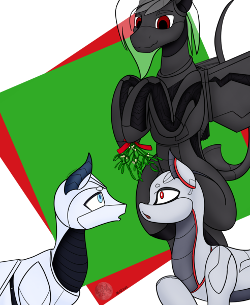 Size: 1765x2154 | Tagged: safe, artist:wyntermoon, derpibooru import, surprise, oc, oc:lightning, oc:xn, unofficial characters only, original species, pony, ponymorph, robot, robot pony, female, image, male, mare, mistletoe, mistletoe abuse, png, simple background, stallion, surprised, transparent background, transparent mane, trio