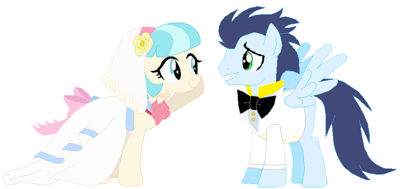 Size: 947x445 | Tagged: safe, artist:unicornsmile, derpibooru import, edit, coco pommel, soarin', clothes, dress, female, image, male, marriage, png, shipping, simple background, soarinpommel, straight, tuxedo, wedding, wedding dress, white background