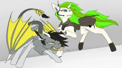 Size: 5760x3240 | Tagged: safe, artist:kavvi, derpibooru import, oc, oc:kavvi, oc:vinyl mix, unofficial characters only, dracony, dragon, hybrid, pony, unicorn, accessories, angry, boots, clothes, duo, fangs, female, horn, image, male, png, pose, sharp teeth, shoes, simple background, teeth, unicorn oc